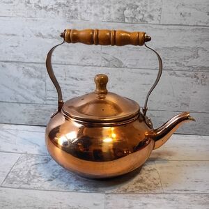 Vintage Copper Tea Pot with Wooden Handle, Decorative Teapot, Kettle, Planter, R